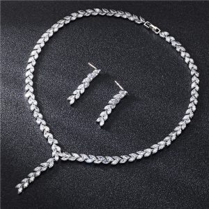 Luxury Marquise Cut Cubic Zirconia Bridal Jewelry Set | Silver Leaf V-Choker Necklace and Long Drop Earrings for Women