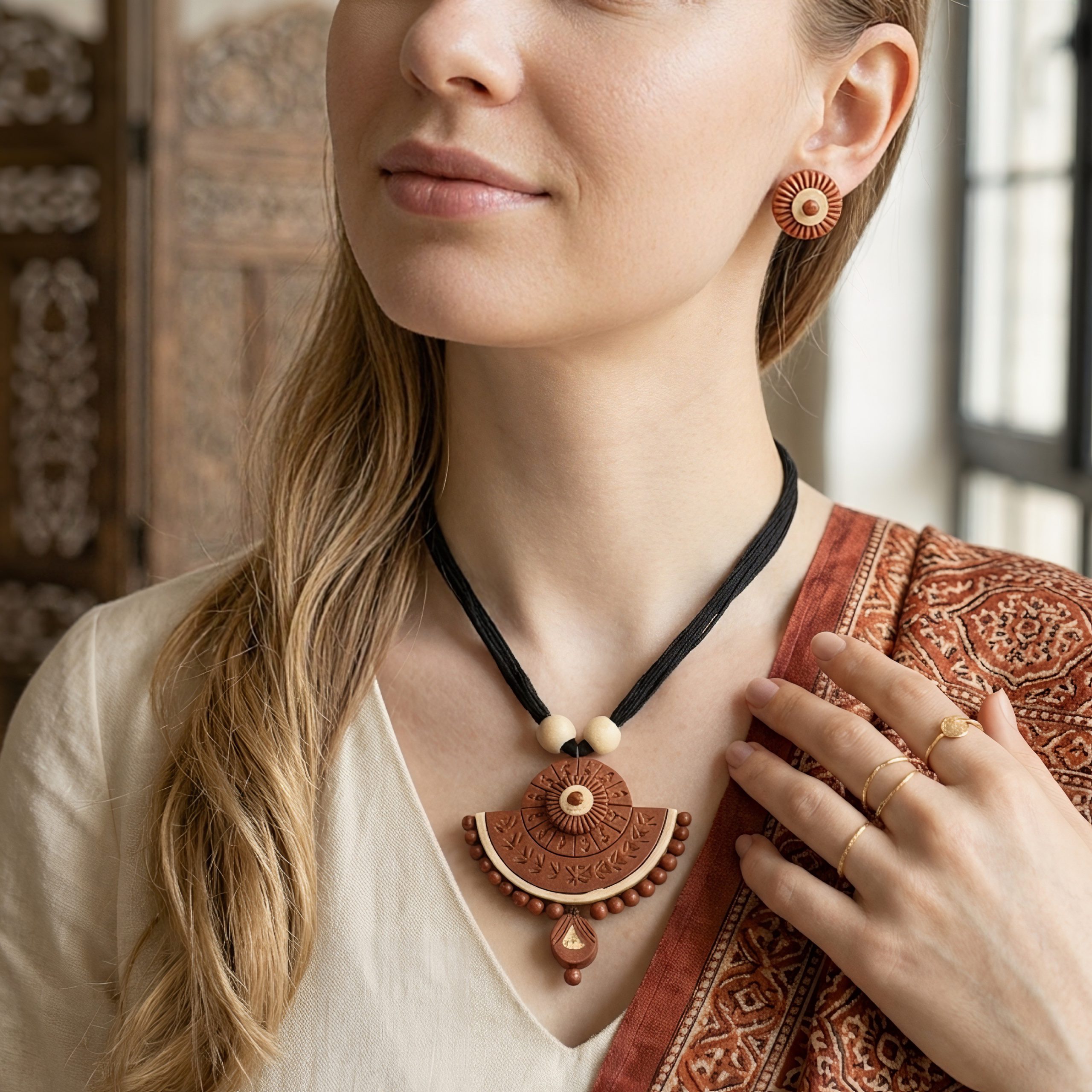 Handmade terracotta necklace with floral pendant, boho clay jewelry for women